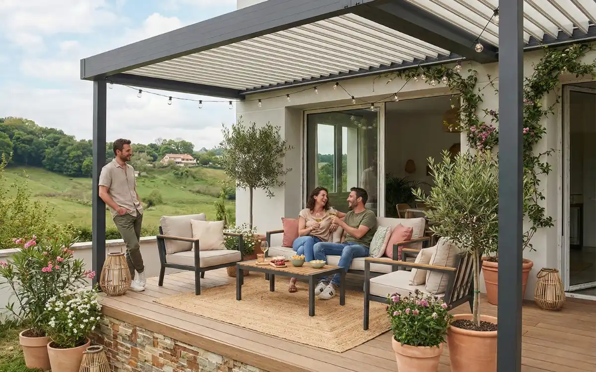 Amigos disfrutando de la terraza de su casa con pérgola bioclimática Familia feliz jugando dentro de una pérgola con cortinas de cristal