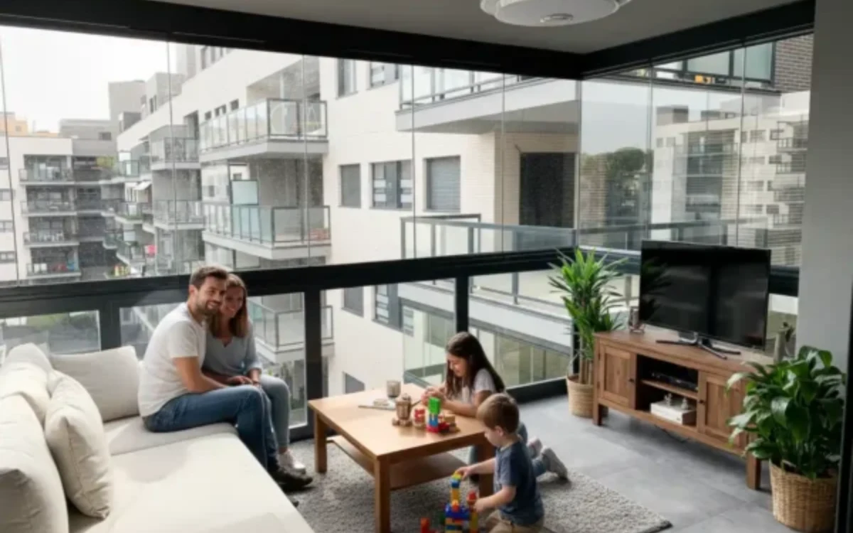 Familia disfrutando de salón con cortinas de cristal pamplona Familia feliz jugando dentro de una pérgola con cortinas de cristal