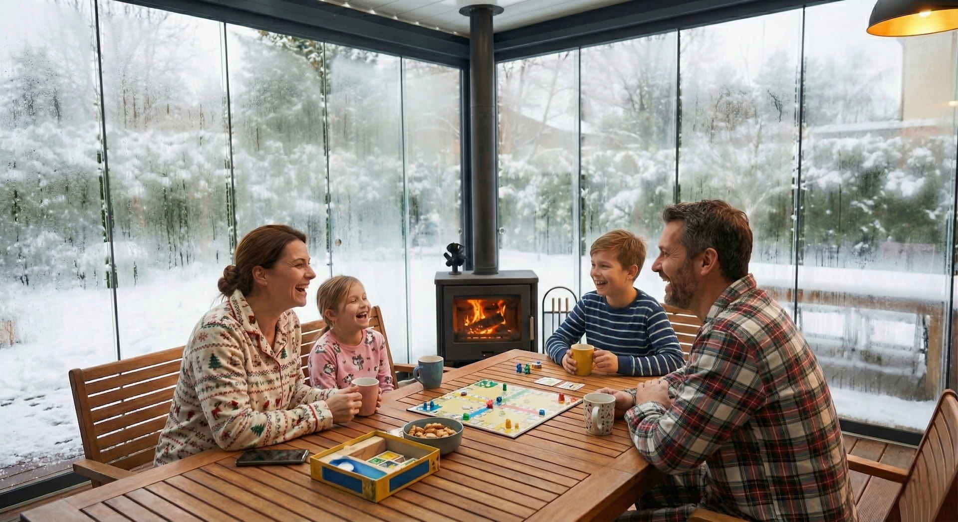 Familia feliz jugando en terraza con cortinas de cristal Familia feliz jugando dentro de una pérgola con cortinas de cristal