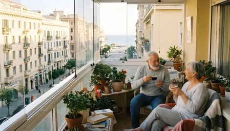 Pareja disfrutando de su terraza en invierno en Pamplona, Navarra o País Vasco gracias al cerramiento con cortinas de cristal que aísla del frío y el ruido.