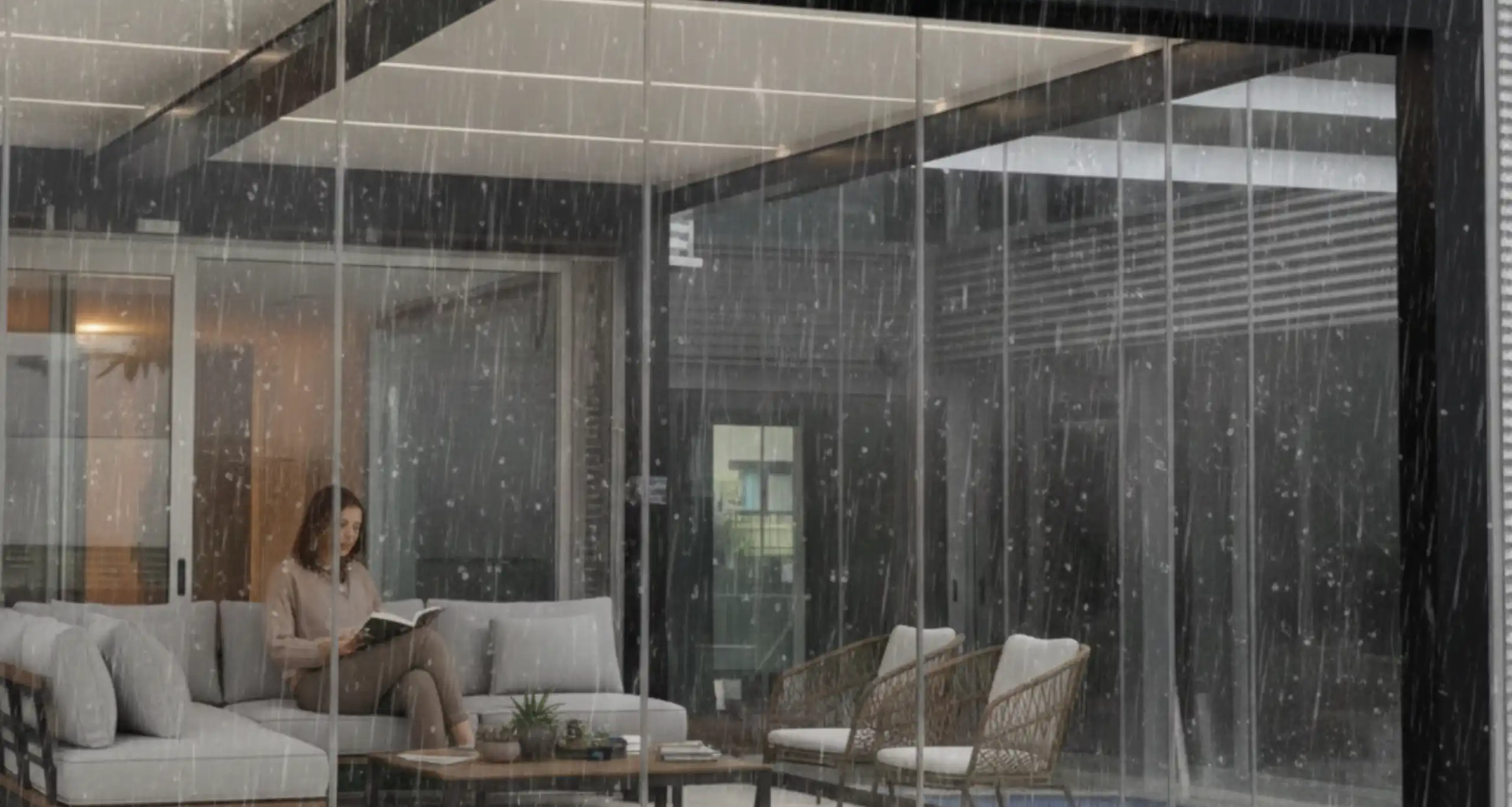 Mujer leyendo mientras llueve dentro de pérgola bioclimática con cortinas de cristal (2) Familia feliz jugando dentro de una pérgola con cortinas de cristal