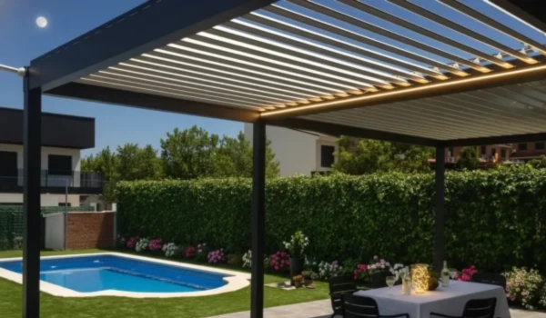 Pérgola bioclimática con piscina de fondo