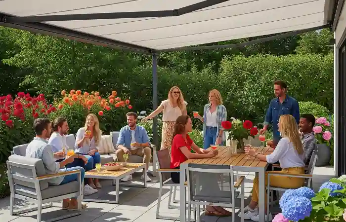 Reunión de amigos en terraza con toldo cofre desplegado Familia disfrutando del balcón con cortinas de cristal pamplona